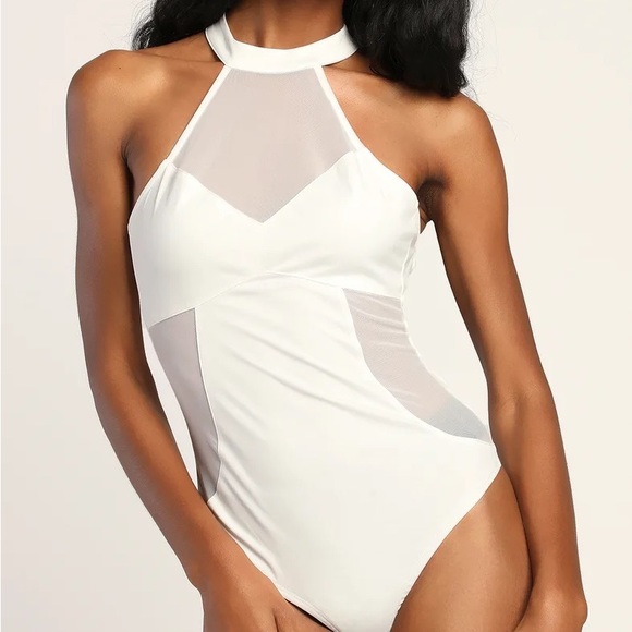 NEW Lulus Ivory Mesh Cutout Bodysuit - Picture 3 of 7